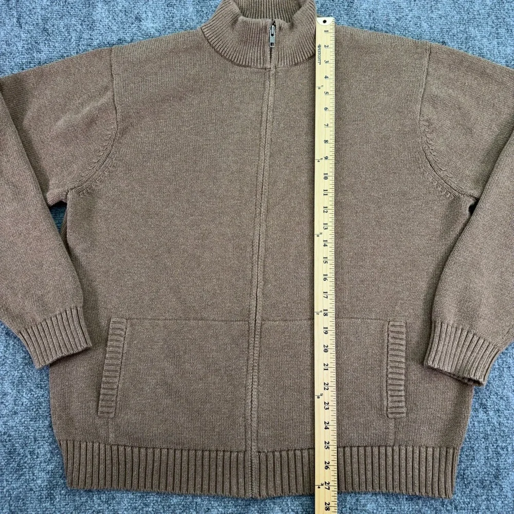 LL Bean Sweater Mens XL Reg Light Brown Cotton Knit Full Zip Mock Neck‎ Pockets